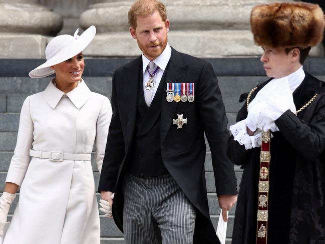 The Sussexes arrived hand-in-hand for the service at St Paul’s. Picture: Henry Nicholls / POOL / AFP