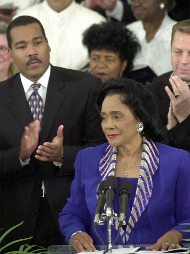 Dexter King with his mother Coretta Scott King during the 2003 King Holiday observance in Atlanta.