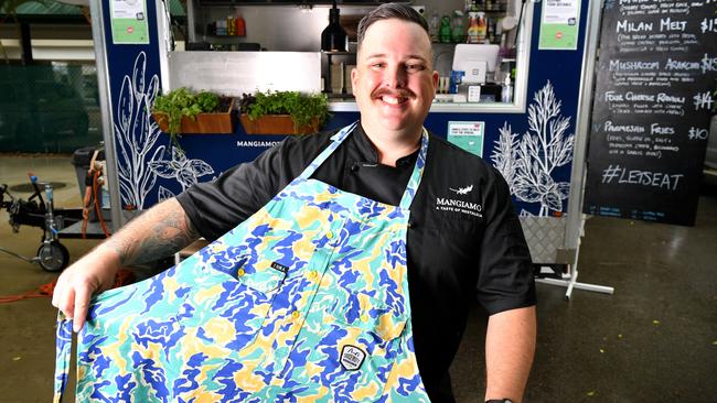 Mangiamo Food Truck owner Justin Bland will be wearing TradeMutt Grill Skirts to help start conservations about mental health. Picture: Alix Sweeney