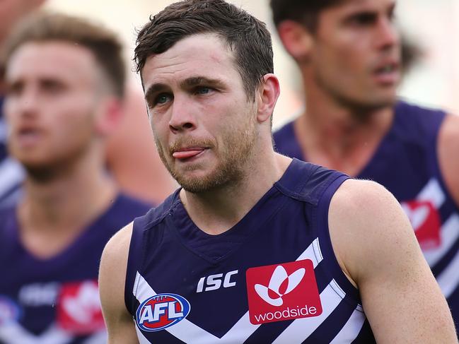 PERTH, AUSTRALIA - AUGUST 07: Hayden Ballantyne of the Dockers walks to the rooms at the half time break during the round 20 AFL match between the Fremantle Dockers and the West Coast Eagles at Domain Stadium on August 7, 2016 in Perth, Australia.  (Photo by Paul Kane/Getty Images)