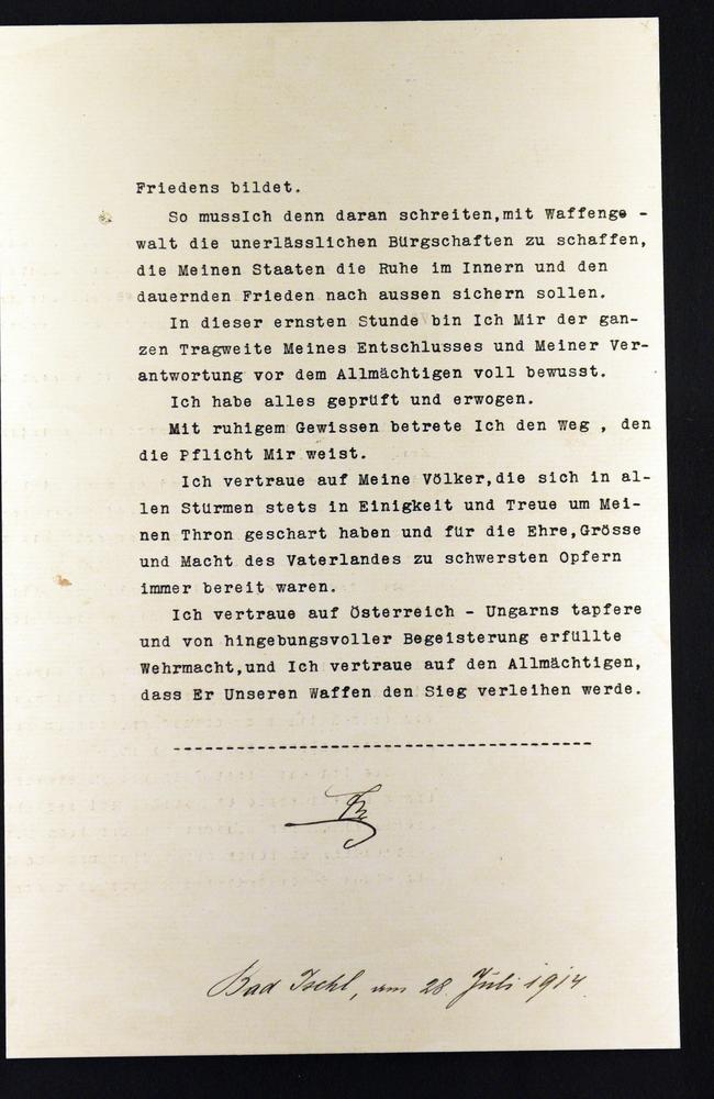 It’s on ... original typescript of the manifesto by Emperor Franz Joseph "To my peoples". This is the declaration of war on Serbia that led to World War I. Picture: AP