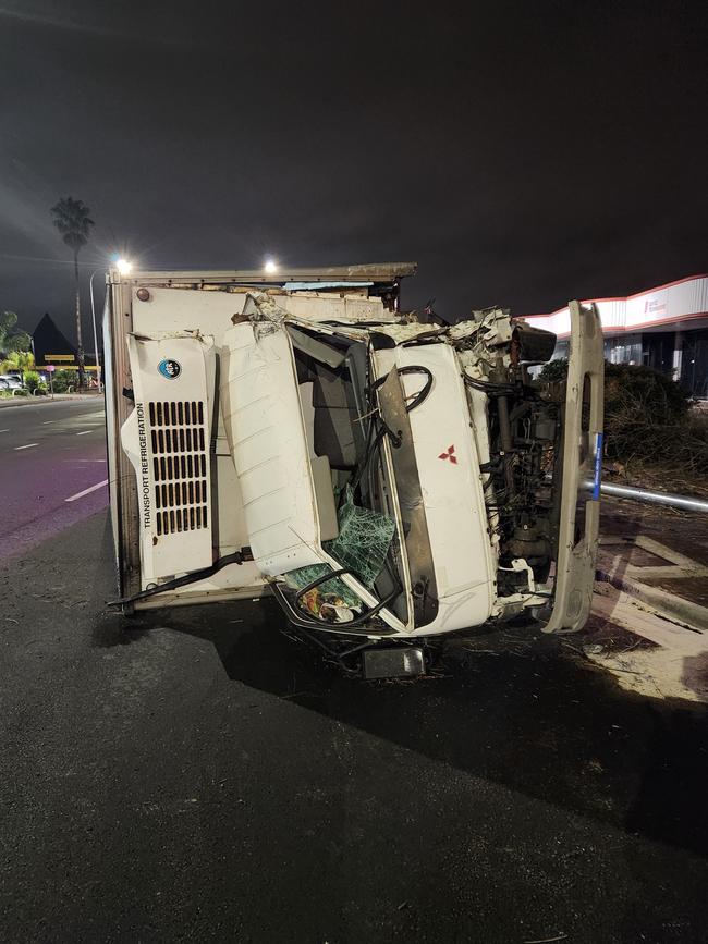 A truck crashed into a light pole and rolled onto its side at Medindie Gardens overnight. Picture: SAPOL