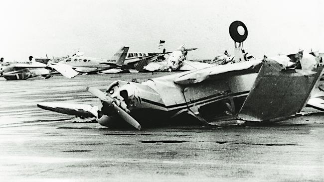 Darwin airport in the wake of Cyclone Tracy, with light aircraft thrown about like toys. Picture: File