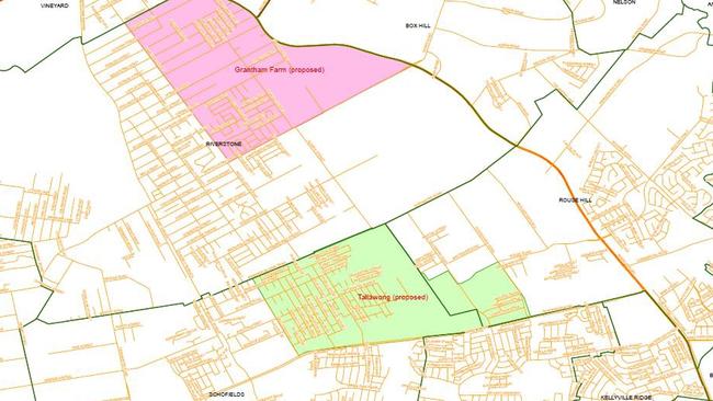 Map showing the new proposed suburbs of Grantham Farm and Tallawong in Blacktown City.