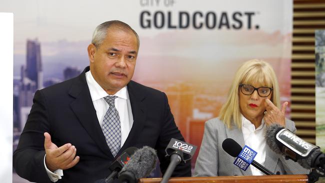 Gold Coast Mayor Tom Tate delivers the 2020-21 budget. Pictured with Deputy Mayor Donna Gates. Picture: Tertius Pickard.