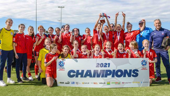 Under-17 Cup final winners Football SA U14 celebrate their much-deserved win. Picture: Brenton Edwards