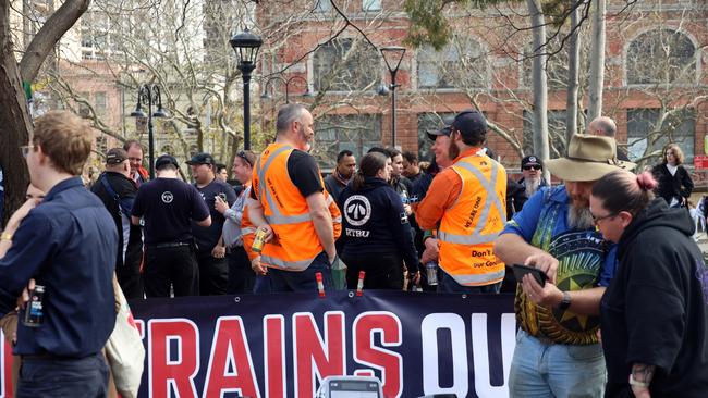 NSW Trains workers and Rail, Tram &amp; Bus Union members enjoy a barbeque at Sydney's Central Station as part of an ongoing industrial relations dispute. Picture: NCA NewsWire / Nicholas Eagar