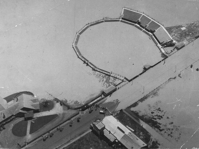 The 1934 Victorian Championship of tennis was interrupted after flooding left only the newly built top level of Kooyong above the water.