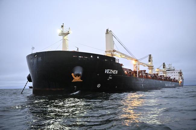 The cargo ship Vezhen is anchored outside Karlskrona for examination by Swedish authorities