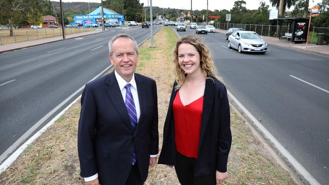 Labor Leader Bill Shorten with candidate Nadia Clancy at the intersection on Friday. Picture: AAP Image/Dean Martin