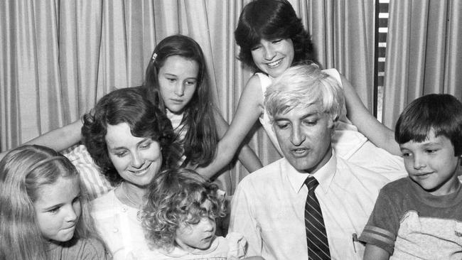 Federal politician Bob Katter and wife Susie with children Caroline, Olivia, Mary Jane, Eliza and Robbie in Bob's days as a State MP.