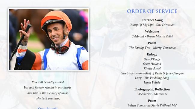 Jockey, Dean Holland funeral booklet, Picture: Supplied,