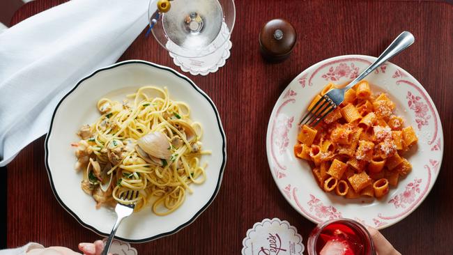 Spaghetti Vongole, rigatoni with vodka sauce at Pepe's