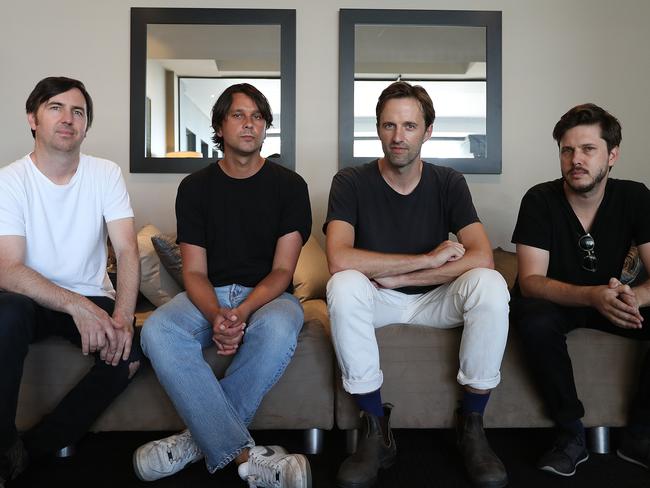 18:1:18 : (L-R) Mitchell Scott (drums), Tim Hoey (guitar), Dan Whitford (vocals),  Ben Browning (bass) of Cut Copy, in the lobby of their hotel in Brisbane.  Cut Copy is a pioneering electronic quartet originally from Melbourne, whose tour begins this week. Lyndon Mechielsen/The Australian