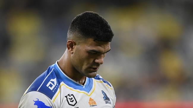 TOWNSVILLE, AUSTRALIA - APRIL 23:  David Fifita of the Titans  looks dejected after losing the round seven NRL match between the North Queensland Cowboys and the Gold Coast Titans at Qld Country Bank Stadium, on April 23, 2022, in Townsville, Australia. (Photo by Ian Hitchcock/Getty Images)