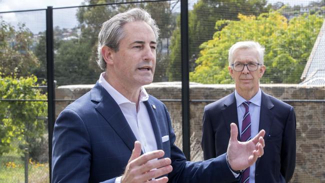 AFL High Performance Centre, City of Clarence Mayor Brendan Blomeley and Tasmania Football Club board member Roger Curtis at Rosny. Picture: Chris Kidd