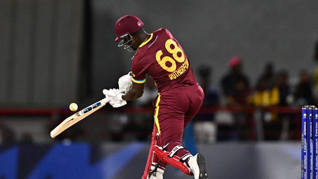 West Indies' Sherfane Rutherford hits a shot during the ICC men's Twenty20 World Cup 2024 Super Eight cricket match between England and the West Indies this week. Picture: Chandan Khanna / AFP