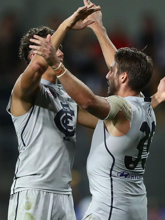 Dale Thomas celebrates one of his three goals. Picture: Getty