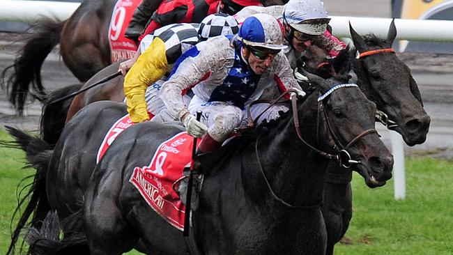 Americain carried white and blue coloured silks when he won the Melbourne Cup in 2010.