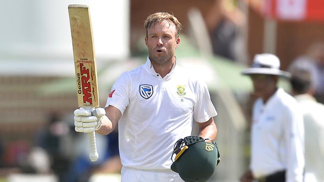 PORT ELIZABETH, SOUTH AFRICA — MARCH 11: AB de Villiers of South Africa celebrates scoring 100 runs during day 3 of the 2nd Sunfoil Test match between South Africa and Australia at St Georges Park on March 11, 2018 in Port Elizabeth, South Africa. (Photo by Ashley Vlotman/Gallo Images/Getty Images)