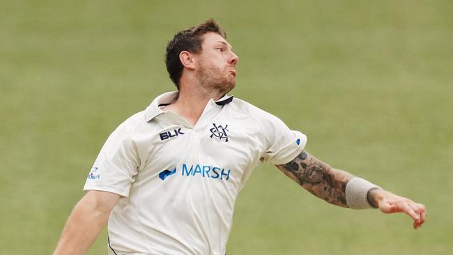 James Pattinson charges in during Victoria’s Sheffield Shield loss to Queensland.