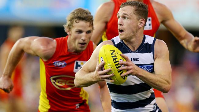 Cats captain Joel Selwood in full flight against Gold Coast. Picture: Getty