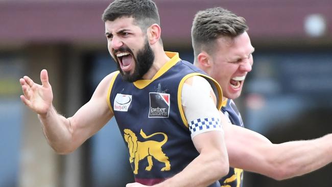 Nick Batsanis (left) celebrates a Doncaster East goal in the 2018 decider. Picture: AAP Image/James Ross