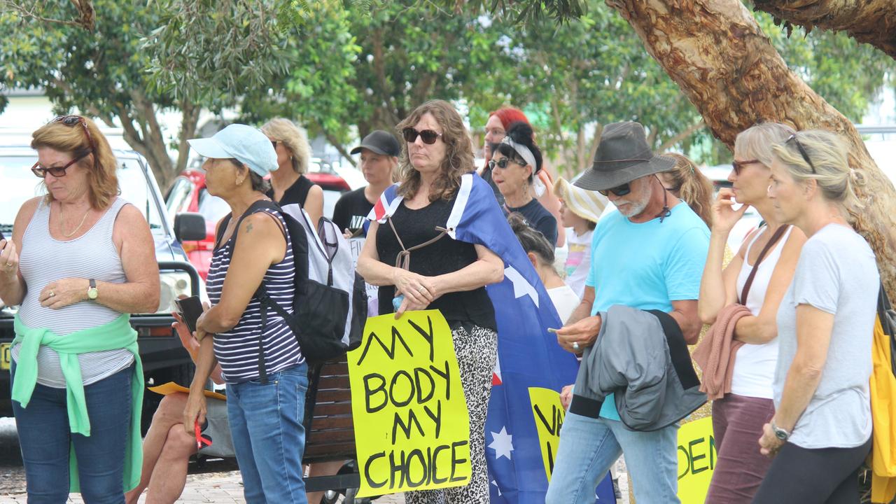 More than 150 people turned out for the Millions March Against Mandatory COVID-19 Vaccines in Coffs Harbour on Saturday February 20. Photo: Tim Jarrett