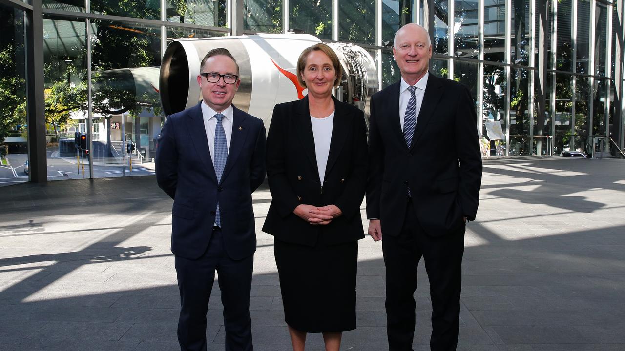 Former Qantas CEO Alan Joyce with his successor Vanessa Hudson and Qantas Chair Richard Goyder. Picture: NCA Newswire/Gaye Gerard