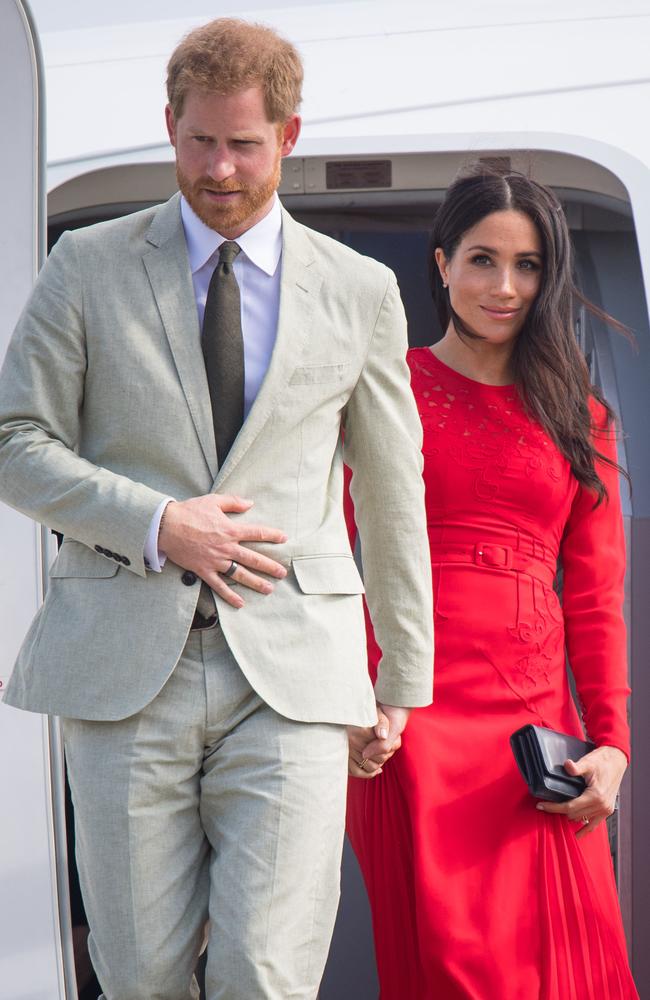 The Duke and Duchess of Sussex on arrival at Fua'amotu Airport in Tonga. Picture: Getty Images