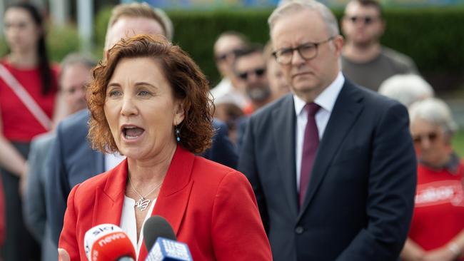 New member for Dunkley, Jodie Belyea, speaks at a press conference with Prime Minister, Anthony Albanese, at the Frankston Bowls Club in Frankston. Picture: NCA NewsWire / Nicki Connolly