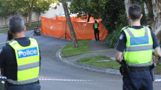 Police at the scene in Coppin Grove, Hawthorn where two women were stabbed. Picture: David Crosling