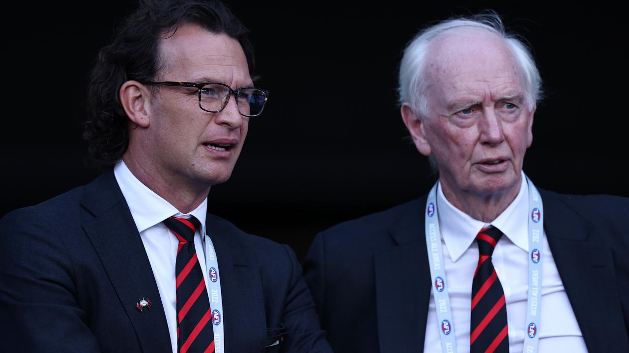 Essendon president Paul Brasher, right, and CEO Xavier Campbell in March. Picture: Michael Klein