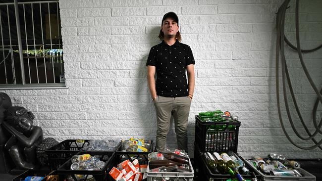 Brisbane man Brock Alexander collects rainwater for drinking and container for recycling to save money just to make ends meet because of his dire rental and financial situation. Picture: Dan Peled / NCA NewsWire