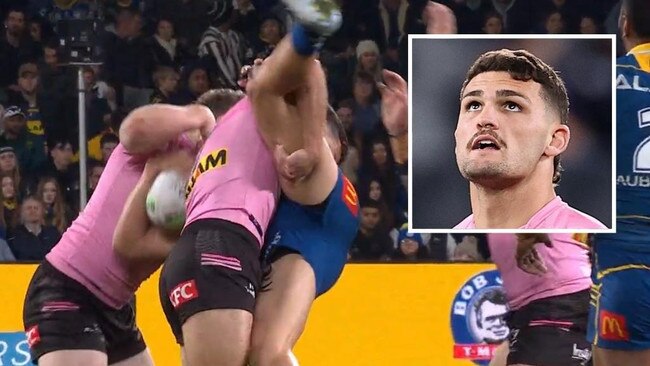 Penrith Panthers captain Nathan Cleary has been sent off for a dangerous lifting tackle on Parramatta five-eighth Dylan Brown.