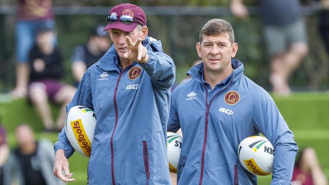 Wayne Bennett (left) and his assistant Jason Demetriou at broncos training. Picture: AAP