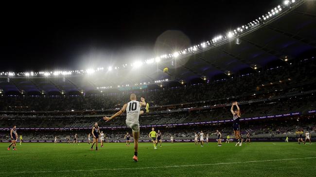 Harry McKay kicks for goal against the Dockers. Picture: Will Russell/AFL Photos via Getty Images