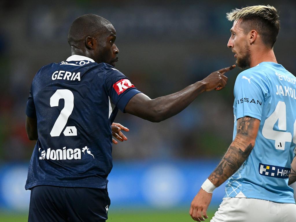 Victory defender Jason Geria (left) and City attacker Marin Jakolis clash during February’s Melbourne derby. Picture: Morgan Hancock/Getty Images