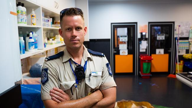 RSPCA Queensland Inspector Ben Newman was called to help a dog that was left in a backyard, in the sun with not water in Brisbane’s south today. Picture: RSPCA Queensland