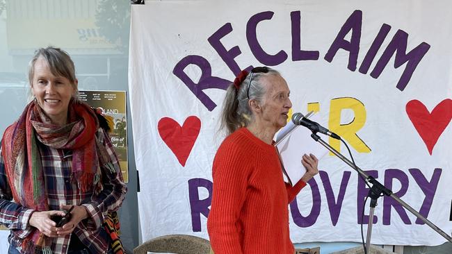 RoR organisers Sally Newham (left) and Mim Tee (right) speaking outside the NRRC office on Carrington St in Lismore on Friday.