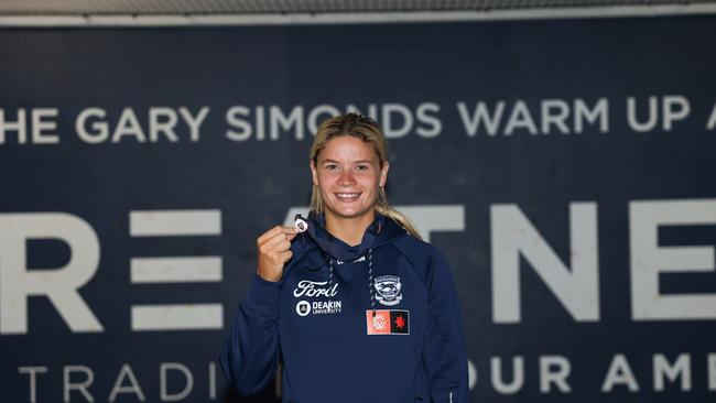 Geelong Cats midfielder Georgie Prespakis with her 2023 best and fairest medal. Picture: Cats Media