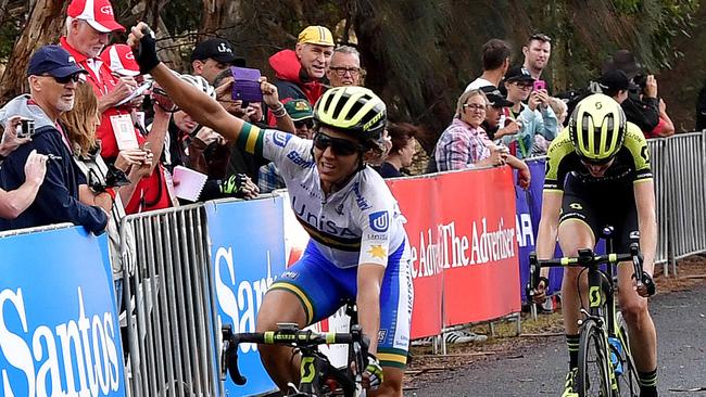 UniSA-Australia rider Katrin Garfoot crosses the finish line ahead of Mitchelton-Scott’s Lucy Kennedy on Mengler's Hill to claim Stage 2 of the Women's Tour Down Under. Picture: Bianca De Marchi