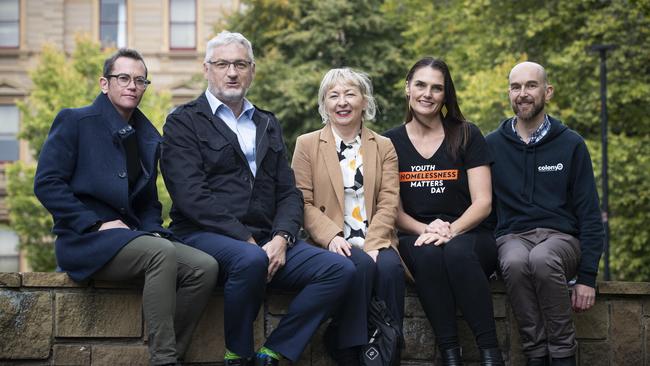 TasCOSS acting CEO Charlie Burton, Anglicare Tasmania General Manager Noel Mundy, ShelterTAS CEO Pattie Chugg, YNOT Youth Network of Tasmania CEO Tania Hunt and Colony 47 manager of youth programs Toby Stoddart at Franklin Square. Picture: Chris Kidd