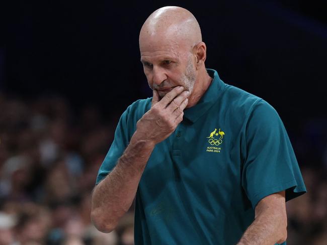 Australia's coach Brian Goorjian reacts at the end of the men's preliminary round group A basketball match between Canada and Australia during the Paris 2024 Olympic Games at the Pierre-Mauroy stadium in Villeneuve-d'Ascq, northern France, on July 30, 2024. (Photo by Thomas COEX / AFP)