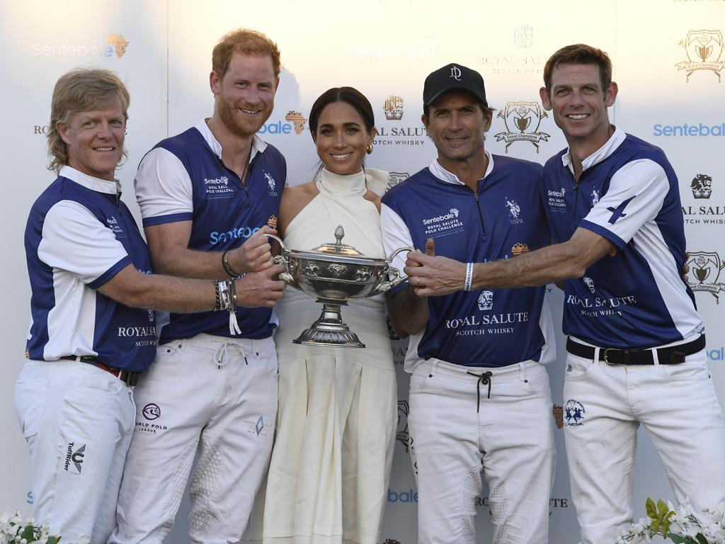 Harry and Meghan at the polo on Friday. Picture: Jason Koerner/Getty Images for Sentebale