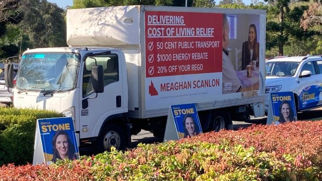 A truck promoting Gaven MP Meghan Scanlon parked near the scene of her LNP rival Bianca Stone's election campaign launch. Picture: Greg Stolz