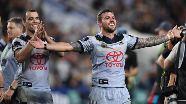 Cowboys players celebrate reaching the Grand Final at the Sydney Roosters’ expense