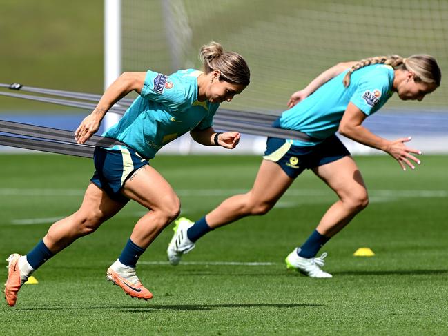 BRISBANE, AUSTRALIA - AUGUST 04: Katrina Gorry runs during an Australia Matildas training session at the FIFA Women's World Cup Australia & New Zealand 2023 at Queensland Sport and Athletics Centre on August 04, 2023 in Brisbane, Australia. (Photo by Bradley Kanaris/Getty Images)