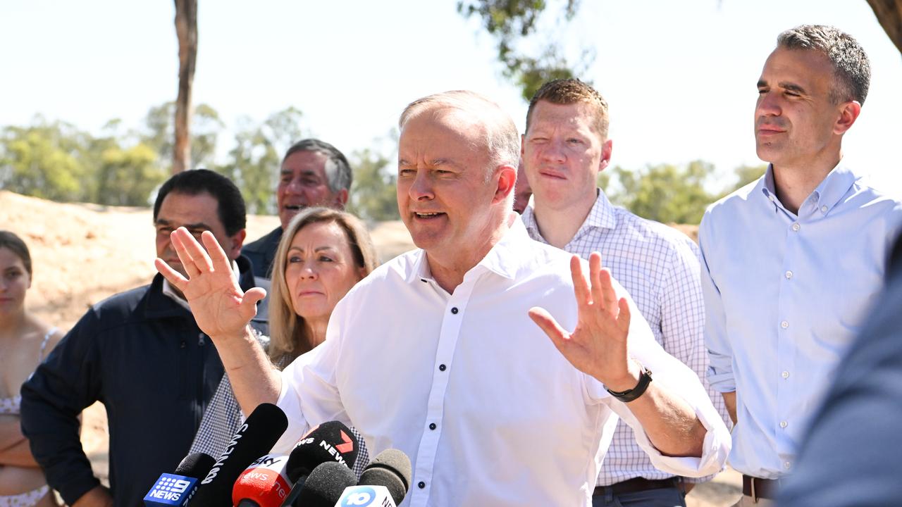 Prime Minister Anthony Albanese speaking to media on Saturday. (The Advertiser/ Morgan Sette)