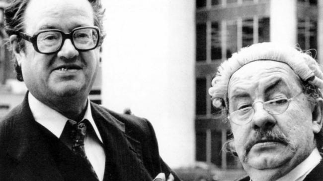 Author John Mortimer, creator of "Rumpole of the Bailey", with actor Leo Mcker.